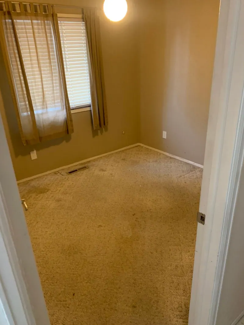 An empty carpeted bedroom with a window and a ceiling light