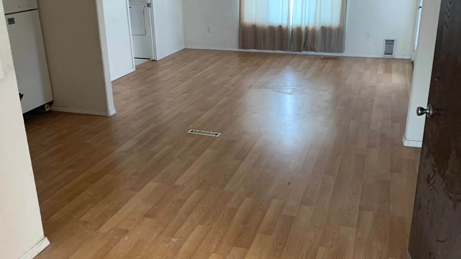 An empty room with a wood-look floor and a ceiling light