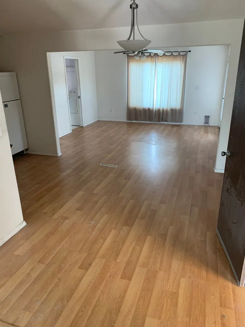 An empty room with a wood-look floor and a ceiling light