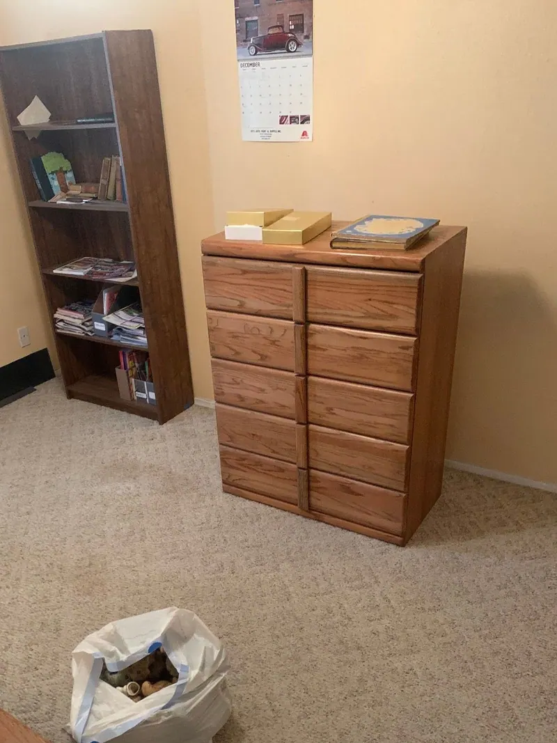 A bookshelf and an oak dresser in a carpeted room